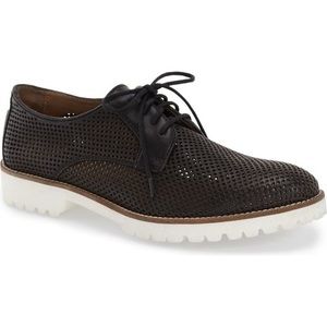 Bernardo Black Leather Perforated Laser Cut Lace Loafer Shoes